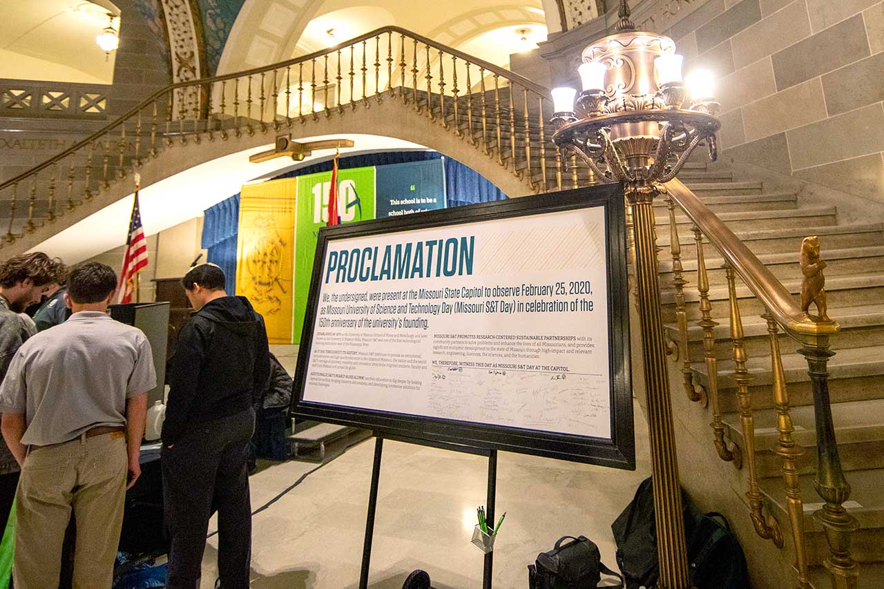 Enlarged printed version of the proclamation in a frame on a stand.
